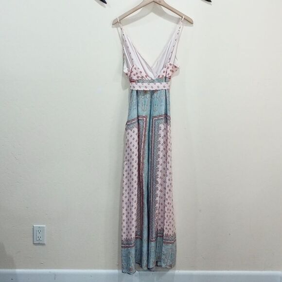 Free People Cabbage Rose Scarf Print Wide Leg Satin Jumpsuit Neutral Combo - 6 - Picture 7 of 10